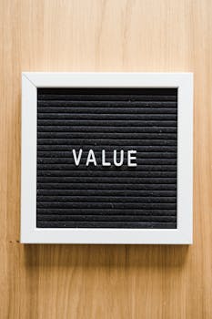 pexels-photo-9016994-9016994 A black felt board reading 'VALUE' framed in white, set against a wooden backdrop. Ideal for business concepts.